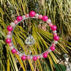 Pink and White Beaded Hoop Pendant